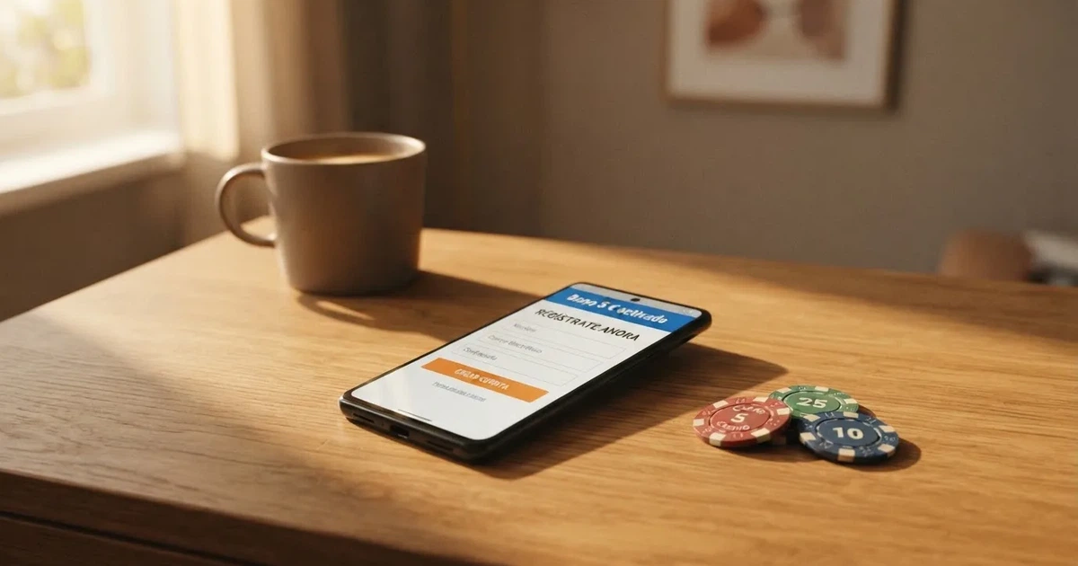 Un móvil mostrando la pantalla de registro de un casino online español con la notificación de un bono sin depósito de 5 € activado