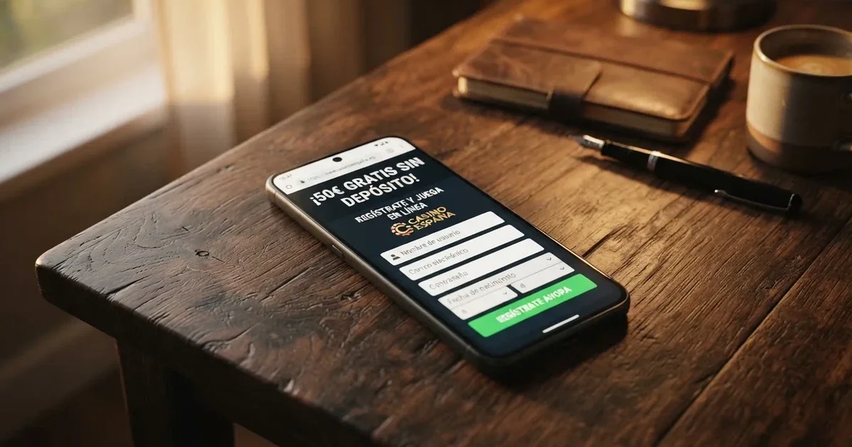 Un teléfono móvil mostrando la pantalla de registro de un casino online español con el texto «50€ gratis sin depósito» junto al candado de conexión segura y el dominio .es visible en la barra del navegador