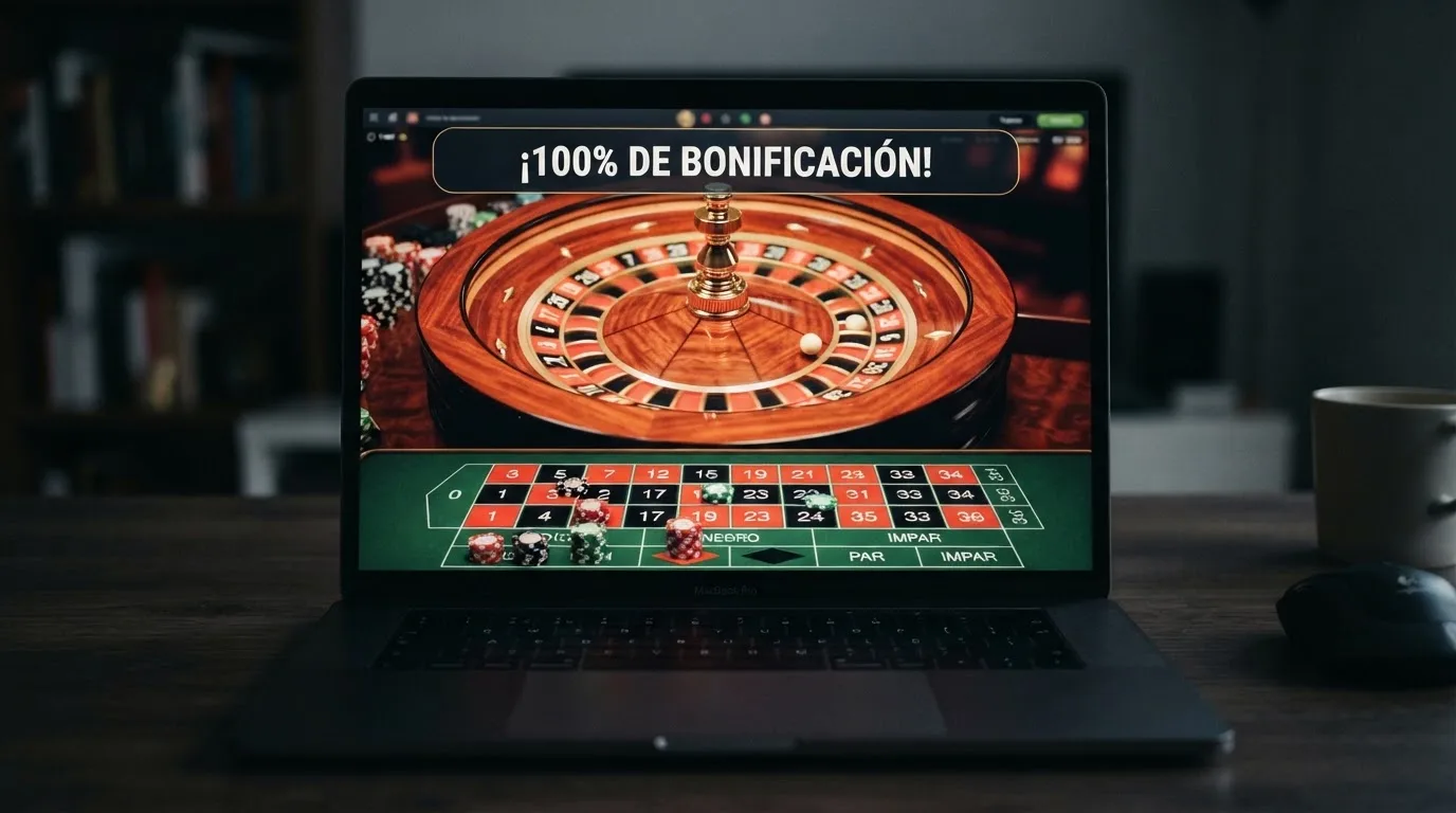Primer plano de una ruleta de casino online en una pantalla de ordenador con un mensaje de bono de bienvenida superpuesto que indica «100% hasta 200€»