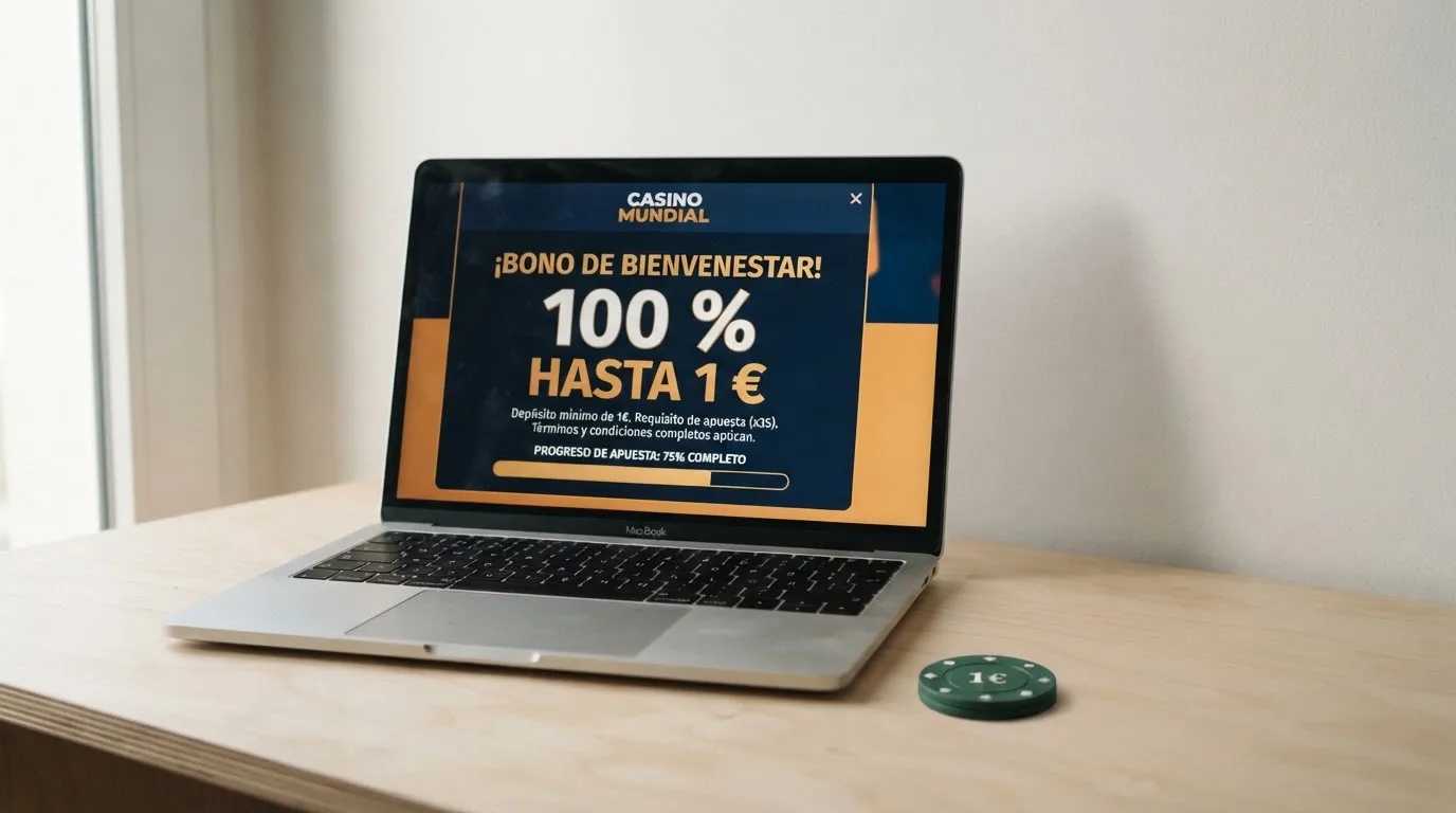Ventana promocional de un bono de bienvenida de casino online español mostrando el porcentaje de igualación, el depósito mínimo requerido y el requisito de apuesta