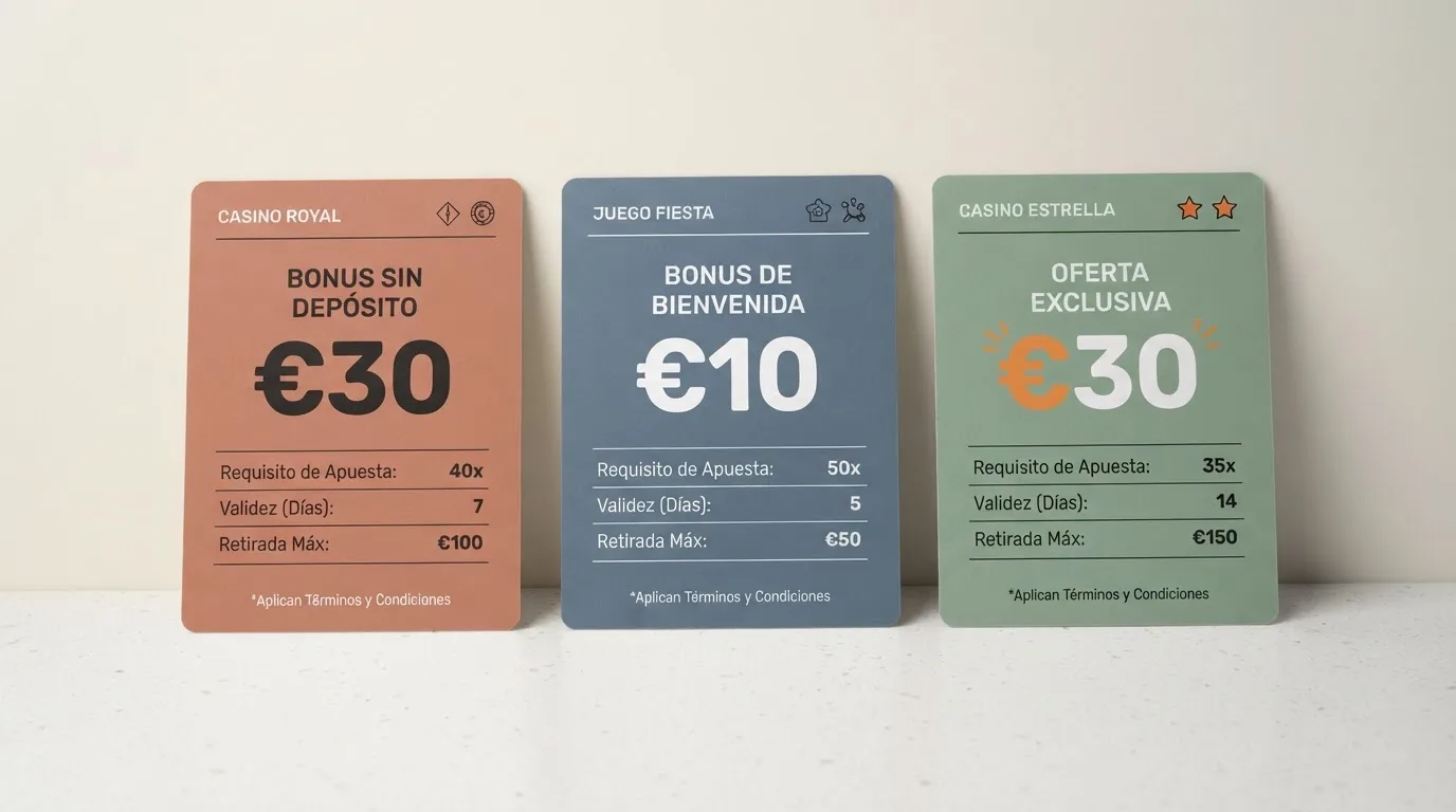 Tres tarjetas comparativas de bono sin depósito con sus condiciones resumidas (importe, rollover, vigencia y límite de retirada)