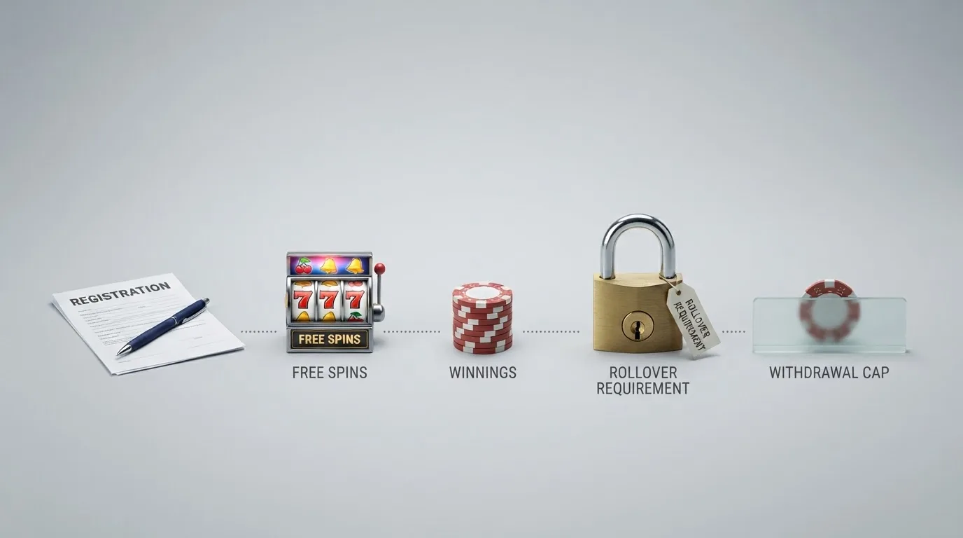 Esquema visual de la secuencia registro → giros → ganancia → rollover → retiro, con los obstáculos de caducidad y tope de conversión señalados