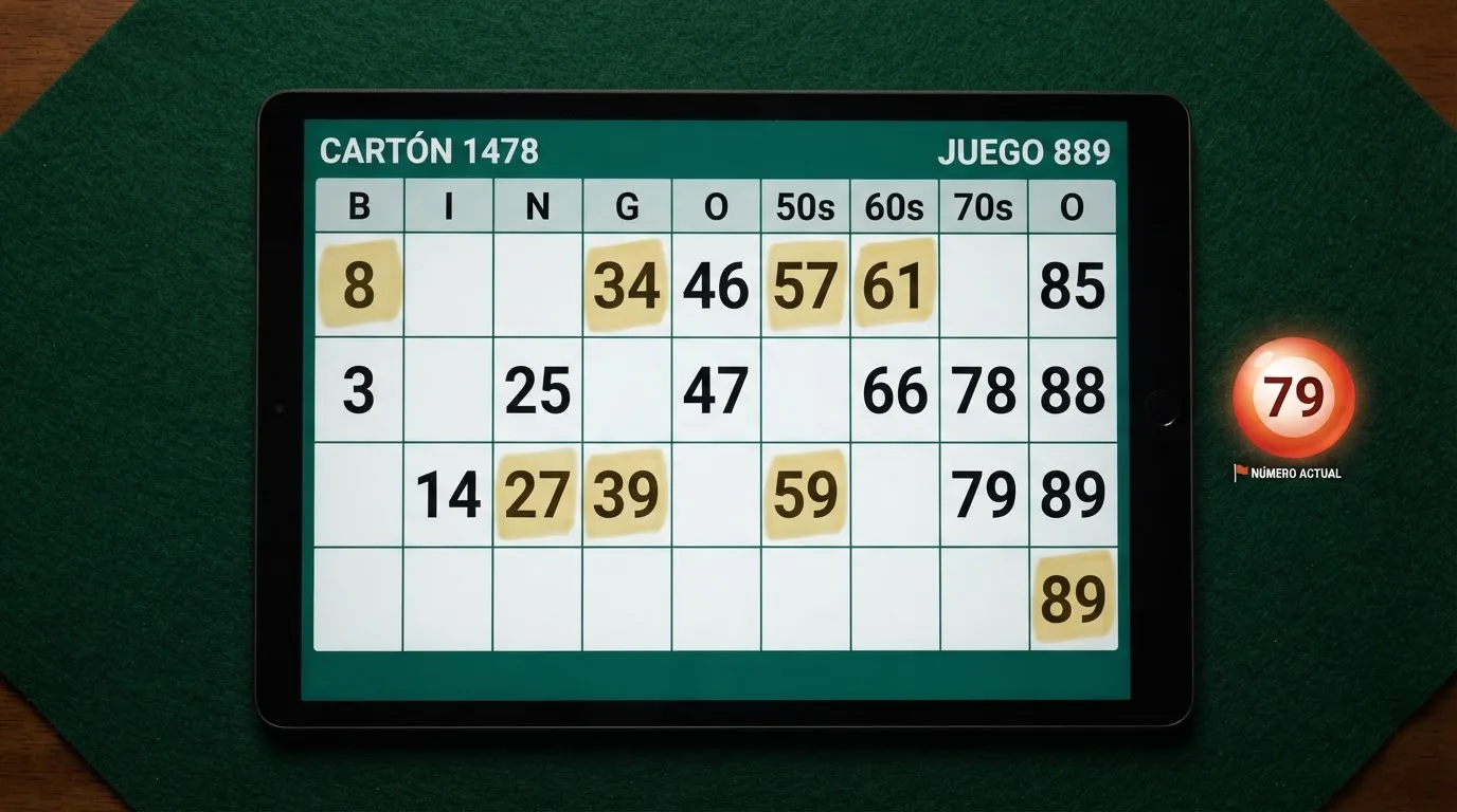 Primer plano de un cartón virtual de bingo de 90 bolas con tres filas, nueve columnas y números marcados