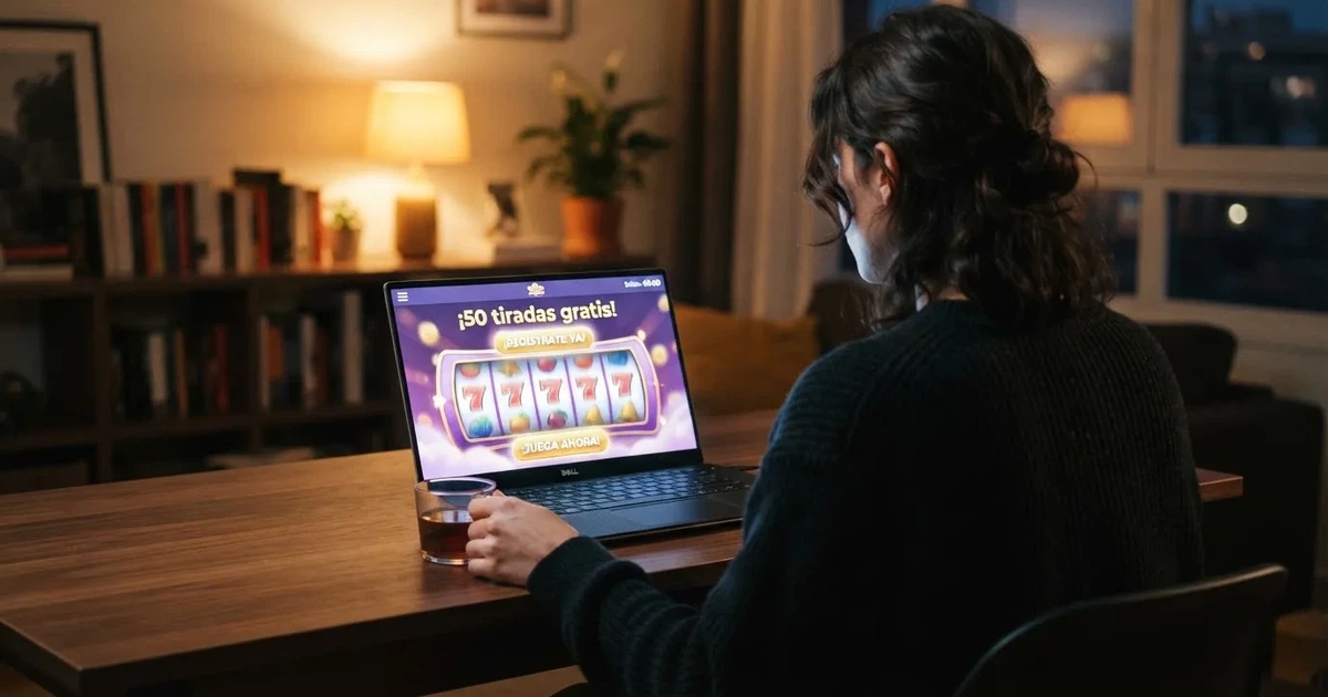 Pantalla de un casino online español mostrando una promoción activa de tiradas gratis sin depósito junto al botón de registro