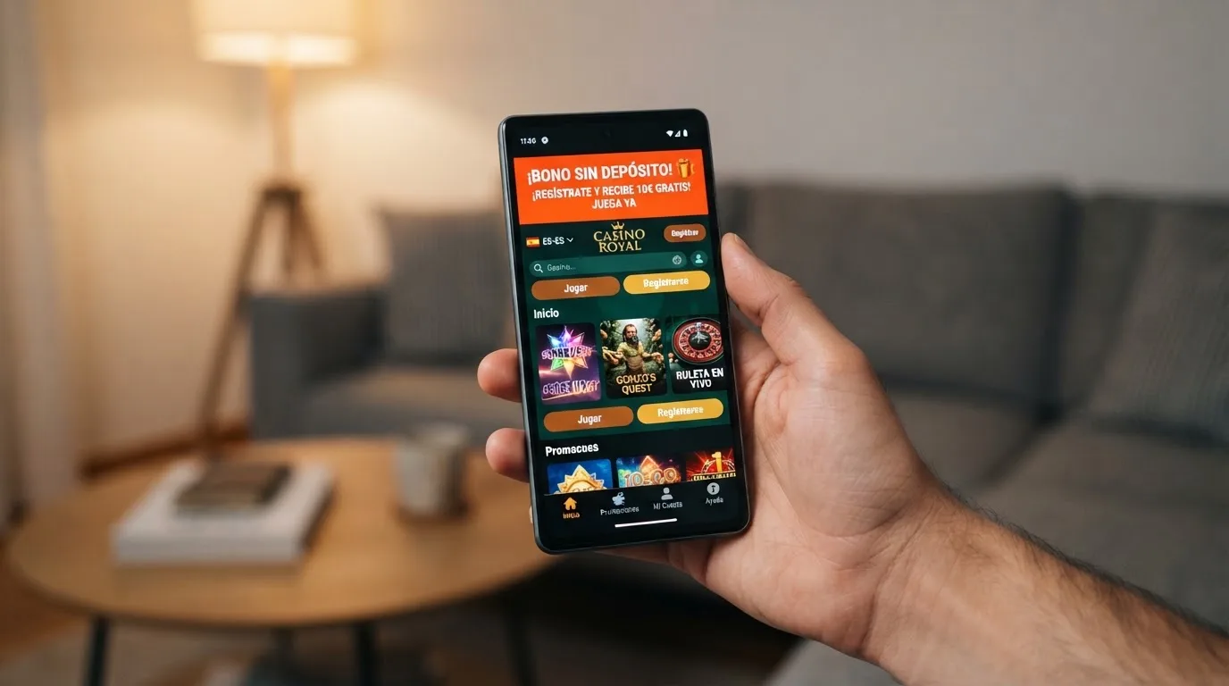 Mano sosteniendo un teléfono móvil con la interfaz de un casino online español abierta, mostrando una notificación de bono sin depósito disponible