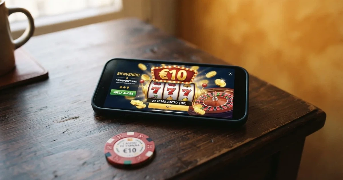 Pantalla de un casino online español con fichas de 10 €, logotipos de métodos de pago y el sello de la DGOJ