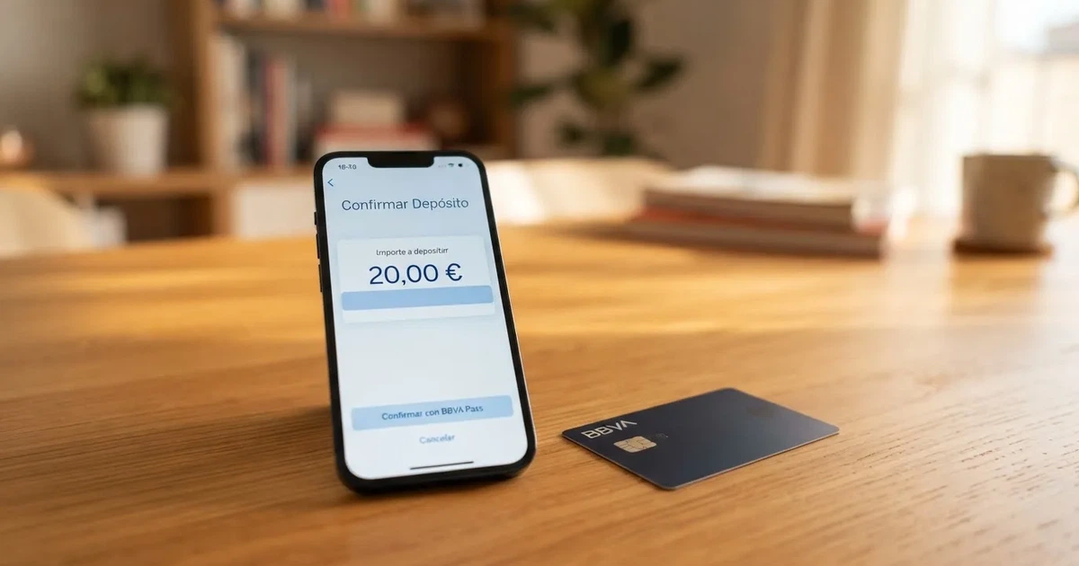 Un teléfono móvil mostrando la pantalla de depósito de un casino online español con la cantidad de 20 euros seleccionada, junto a una tarjeta de crédito sobre una mesa