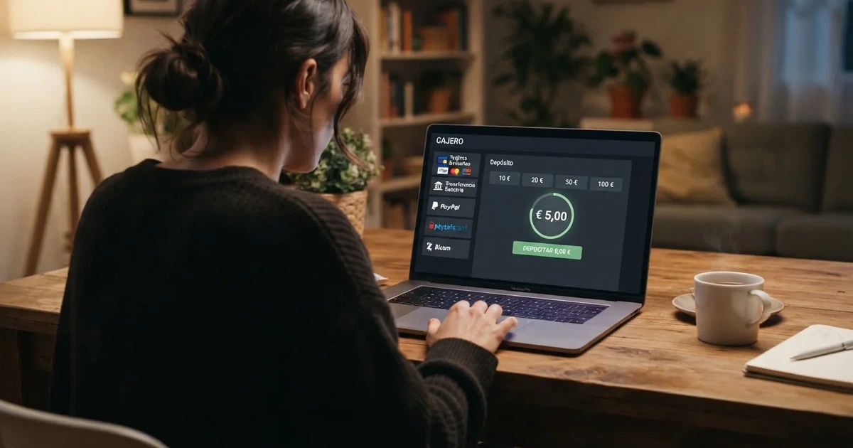 Pantalla de inicio de un casino online español con licencia DGOJ mostrando el cajero con las opciones de depósito y el importe de 5 euros seleccionado