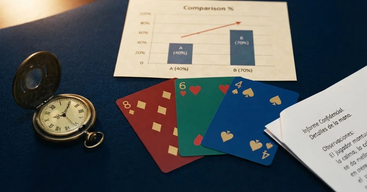 Tres cartas de casino sobre una mesa con un reloj, un gráfico de porcentaje y un documento de condiciones, sobre fondo azul oscuro