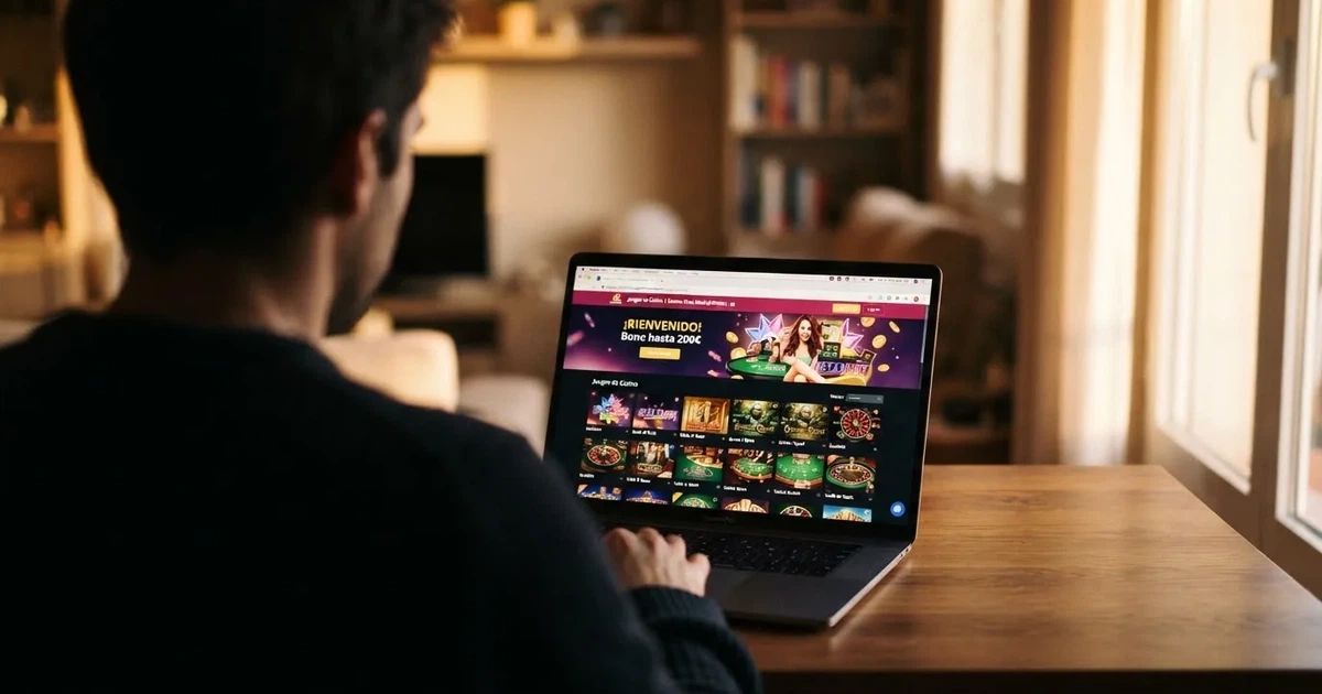 Un jugador frente a la pantalla de un casino online, con el candado de seguridad y el distintivo .es visibles en la barra del navegador