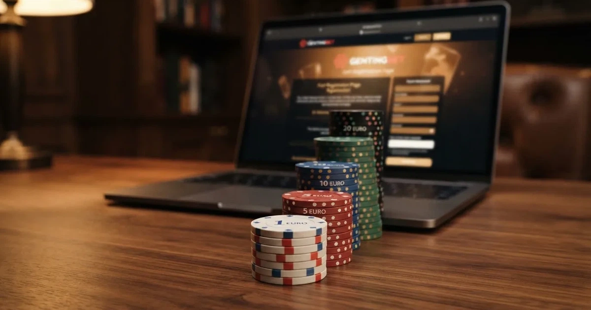 Comparativa de fichas de casino apiladas por valor, de 1 € a 20 €, sobre el fondo de una pantalla con el registro de un casino online español