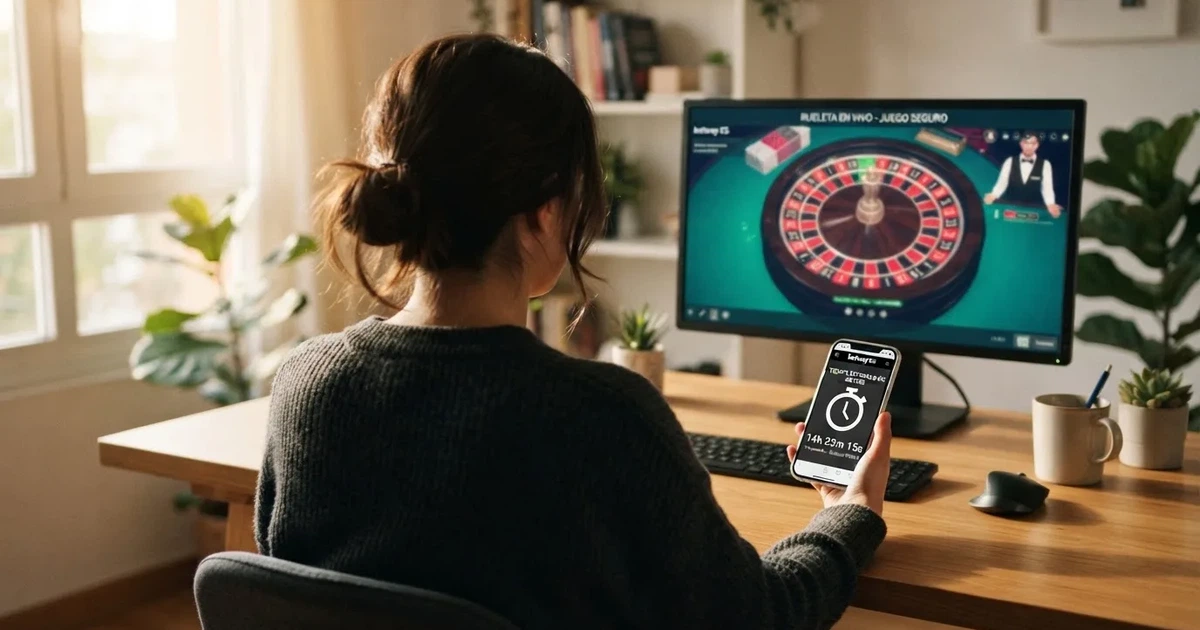 Jugador consultando el móvil junto a una pantalla con el logo de la DGOJ y un reloj marcando tiempos de retirada