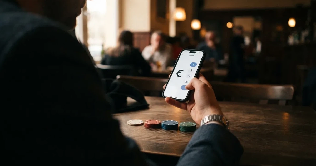 Mano sujetando un móvil con la pantalla mostrando la interfaz de depósito de un casino online español, junto a monedas de 1€, 5€, 10€ y un billete de 20€ sobre una mesa.
