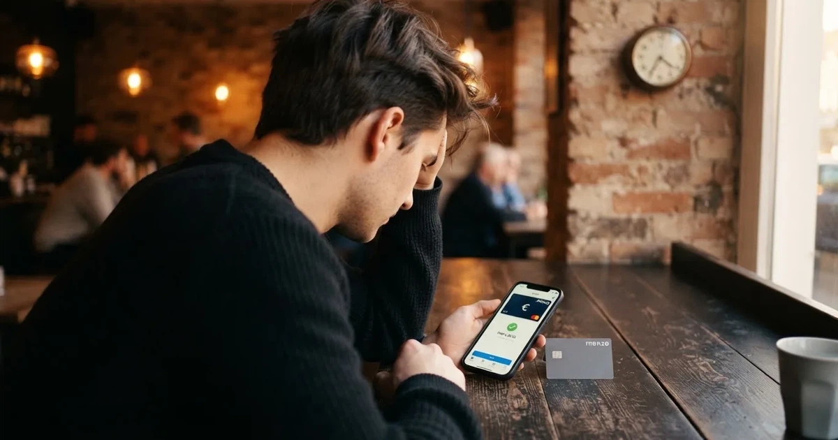 Un jugador consultando el móvil junto a un reloj que marca pocos minutos, con una tarjeta y un monedero electrónico visibles en pantalla