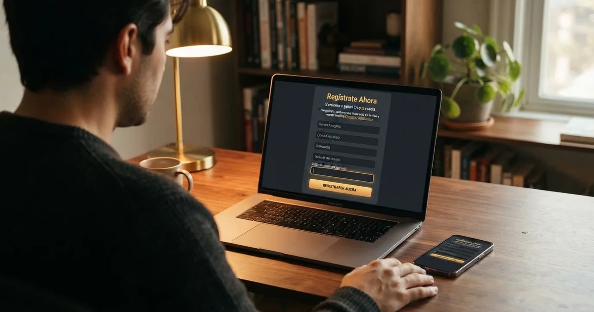 Pantalla de registro de un casino online español con el campo de código promocional resaltado y un teléfono móvil mostrando la misma página