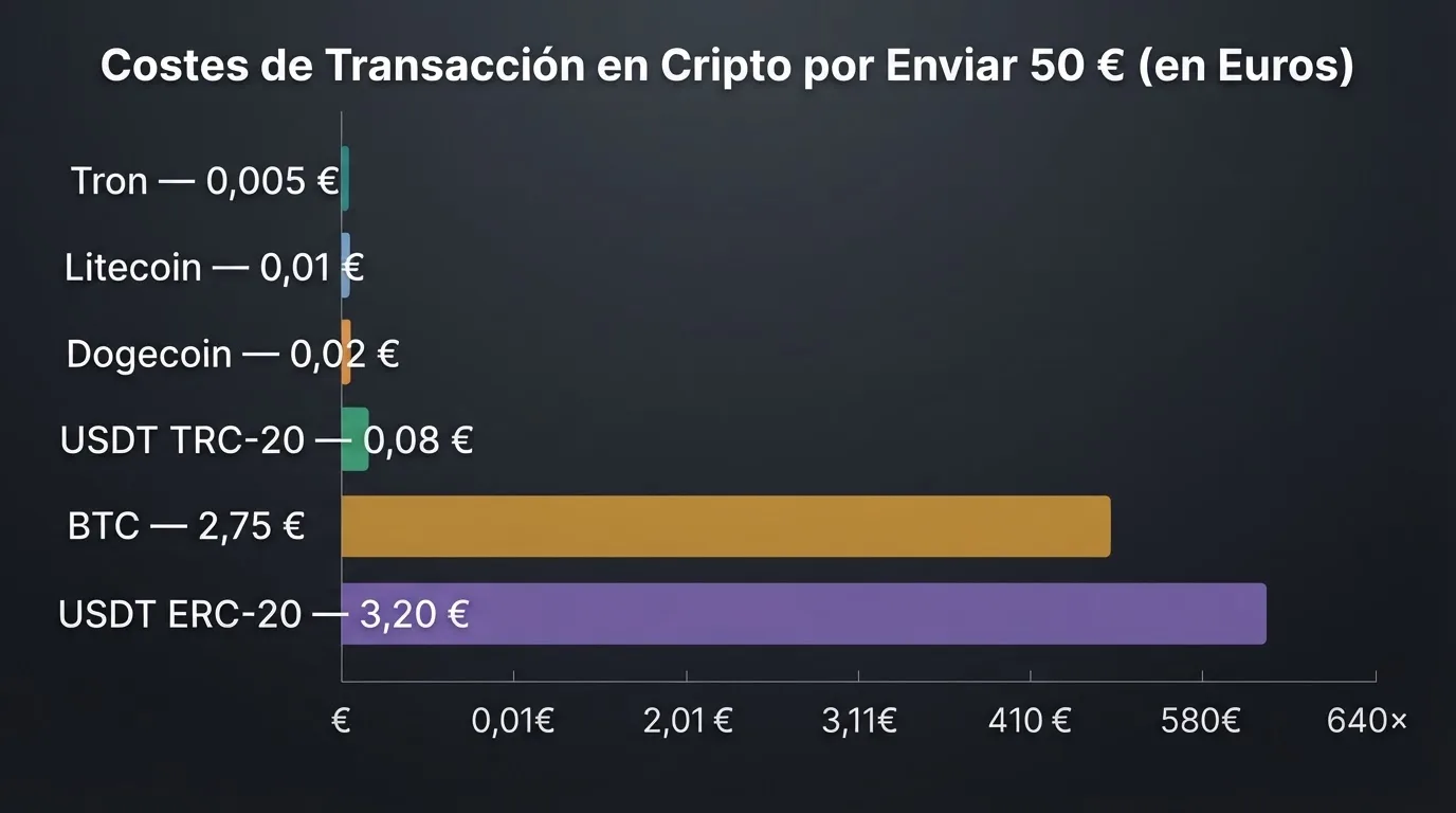 Gráfico comparativo de barras con el coste en euros de enviar el equivalente a 50 € por seis blockchains distintas