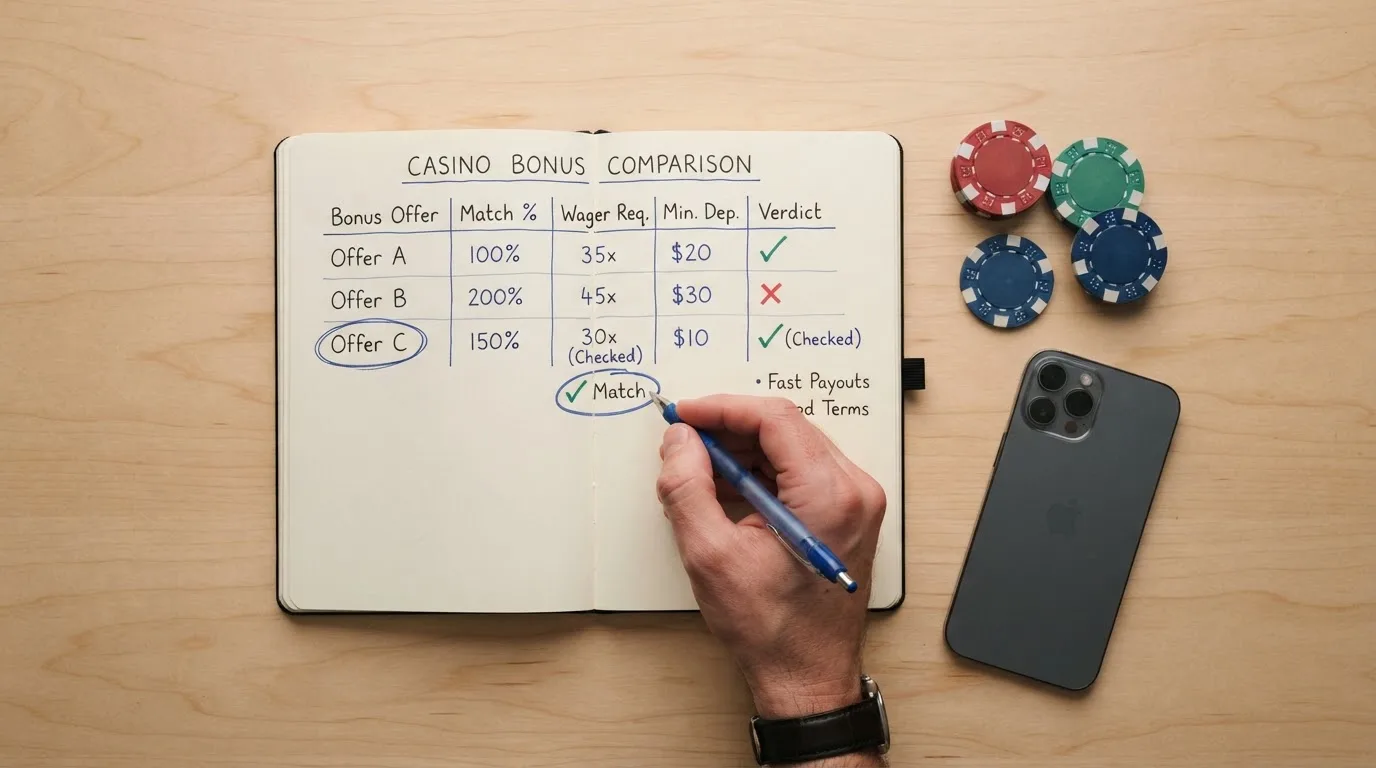 Una tabla comparativa con los nombres de los operadores revisados y sus condiciones principales de bono destacadas en colores distintos