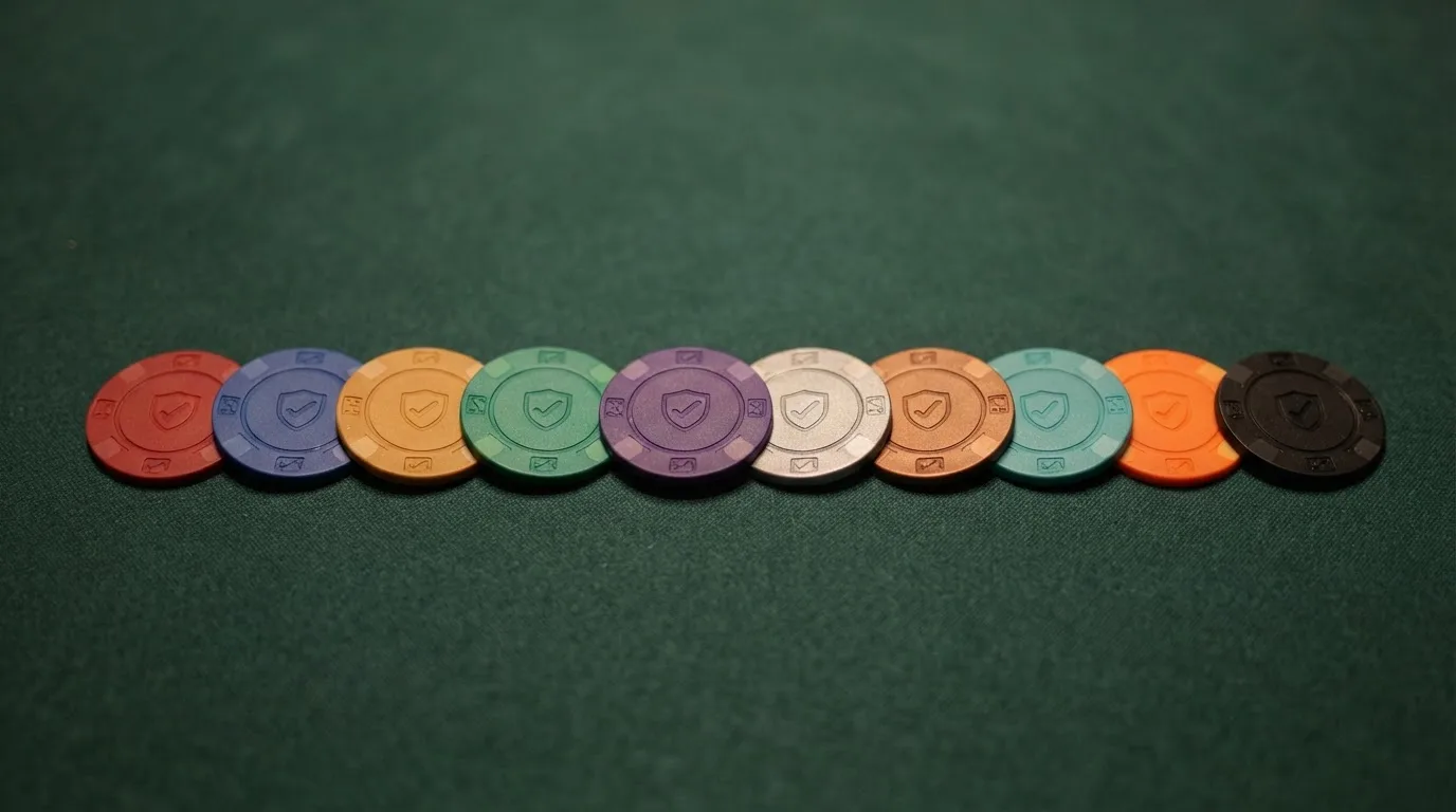 Diez fichas de casino alineadas sobre un tapete verde, cada una con el nombre de un operador distinto y un sello de verificación DGOJ sobreimpreso en la esquina