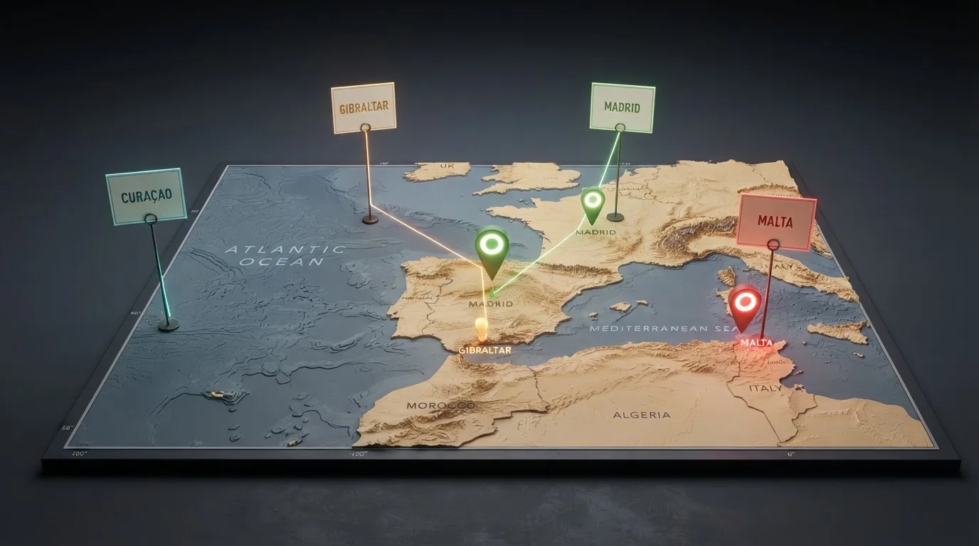 Mapa estilizado con las cuatro juris dicciones de licencia comparadas: Gibraltar, Malta, Curazao y España