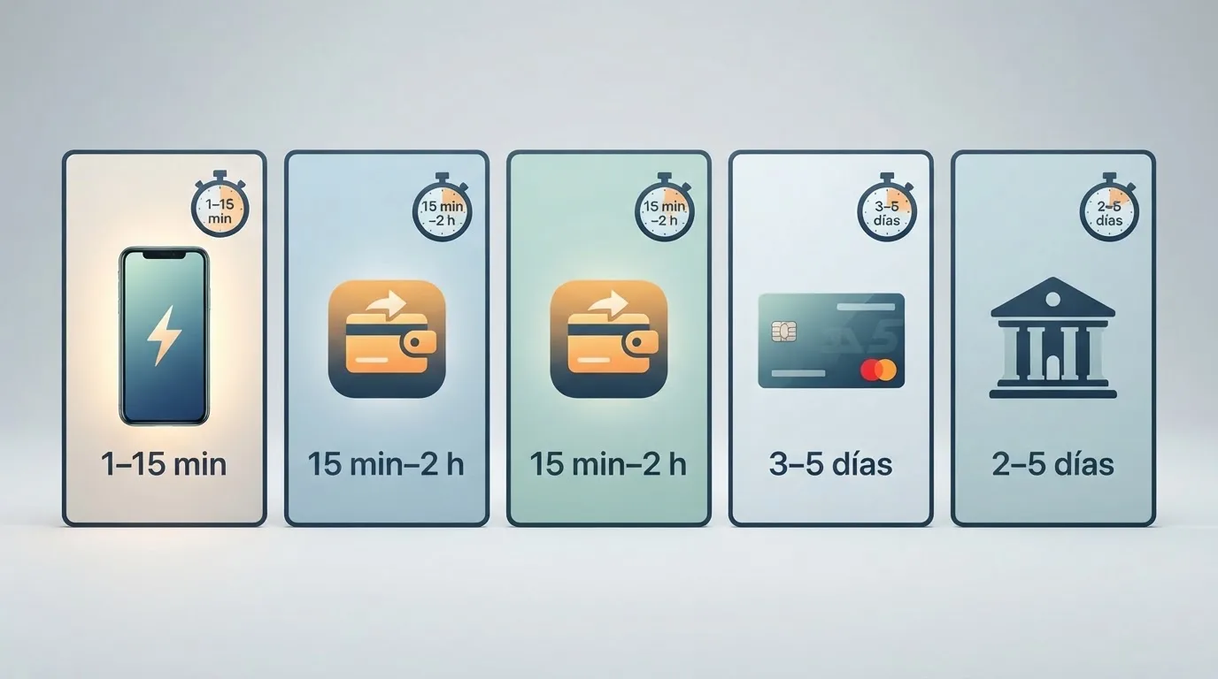 Pantalla dividida con iconos de Bizum, PayPal, Skrill, tarjeta bancaria y transferencia, cada uno con un cronómetro que marca su tiempo de retirada