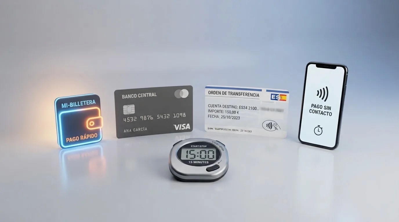 Cuatro métodos de pago — monedero electrónico, tarjeta bancaria, transferencia y Bizum — dispuestos junto a un cronómetro que marca tiempos distintos para cada uno