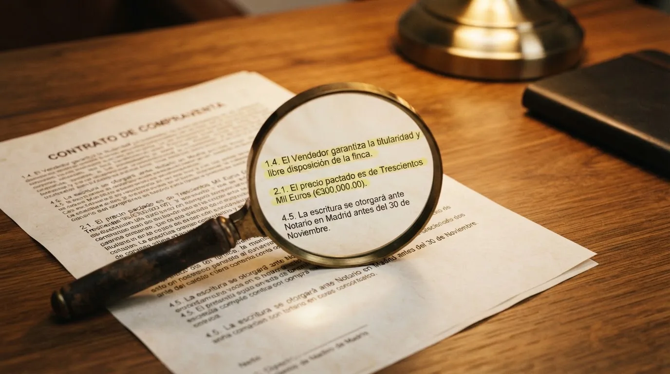 Primer plano de una lupa sobre la letra pequeña de un contrato, con tres líneas subrayadas en amarillo: «rollover», «plazo de validez» y «ganancia máxima»
