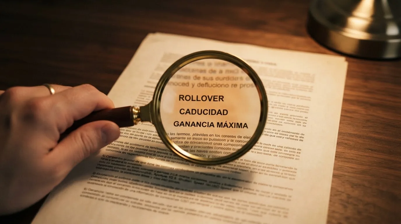 Primer plano de una lupa sobre la letra pequeña de unos términos y condiciones de bono, con las palabras «rollover», «caducidad» y «ganancia máxima» resaltadas