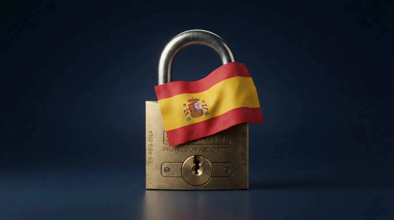 Candado con la bandera de España y el escudo de la DGOJ sobre un fondo de tonos institucionales