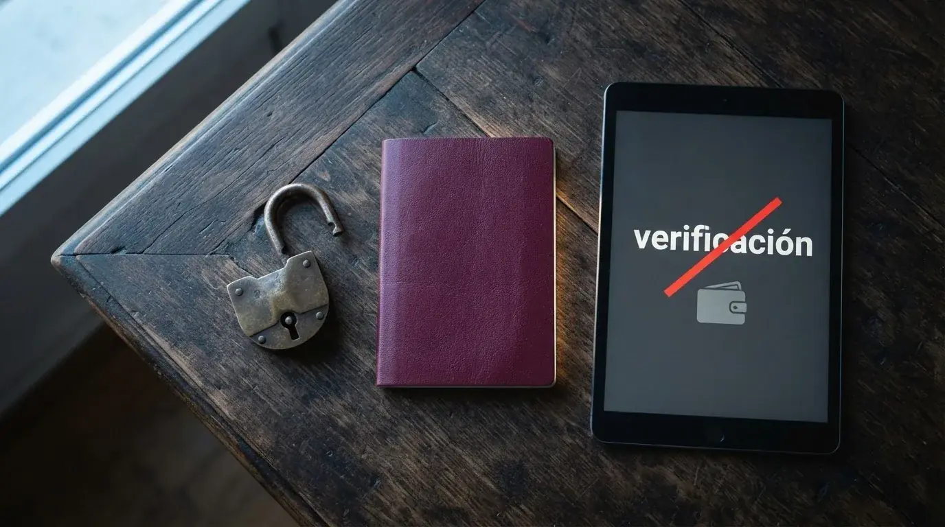 Un pasaporte junto a un candado abierto y un monedero de criptomonedas en una pantalla, con la palabra «verificación» tachada en la interfaz