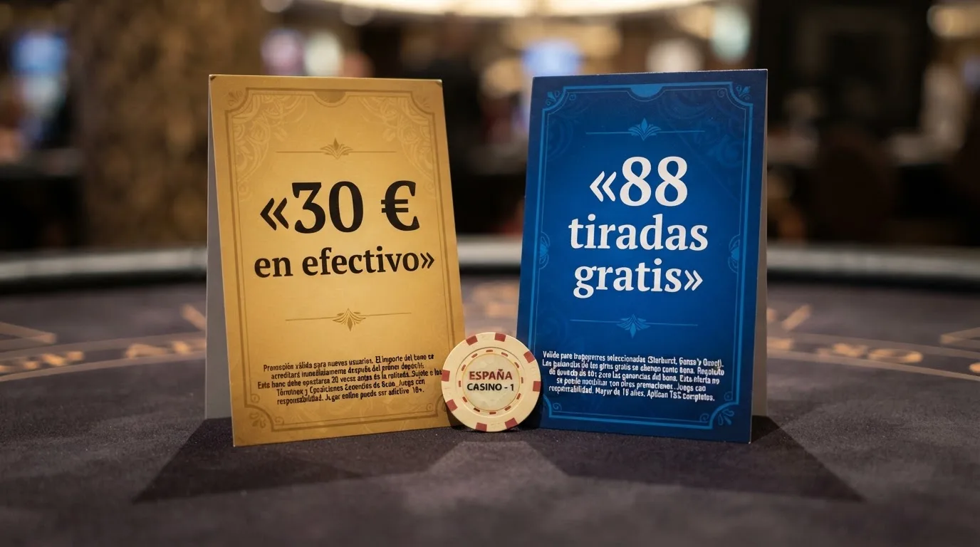 Dos tarjetas de regalo una al lado de la otra: una con el texto «30 € en efectivo» y otra con «88 tiradas gratis», cada una con su letra pequeña visible debajo