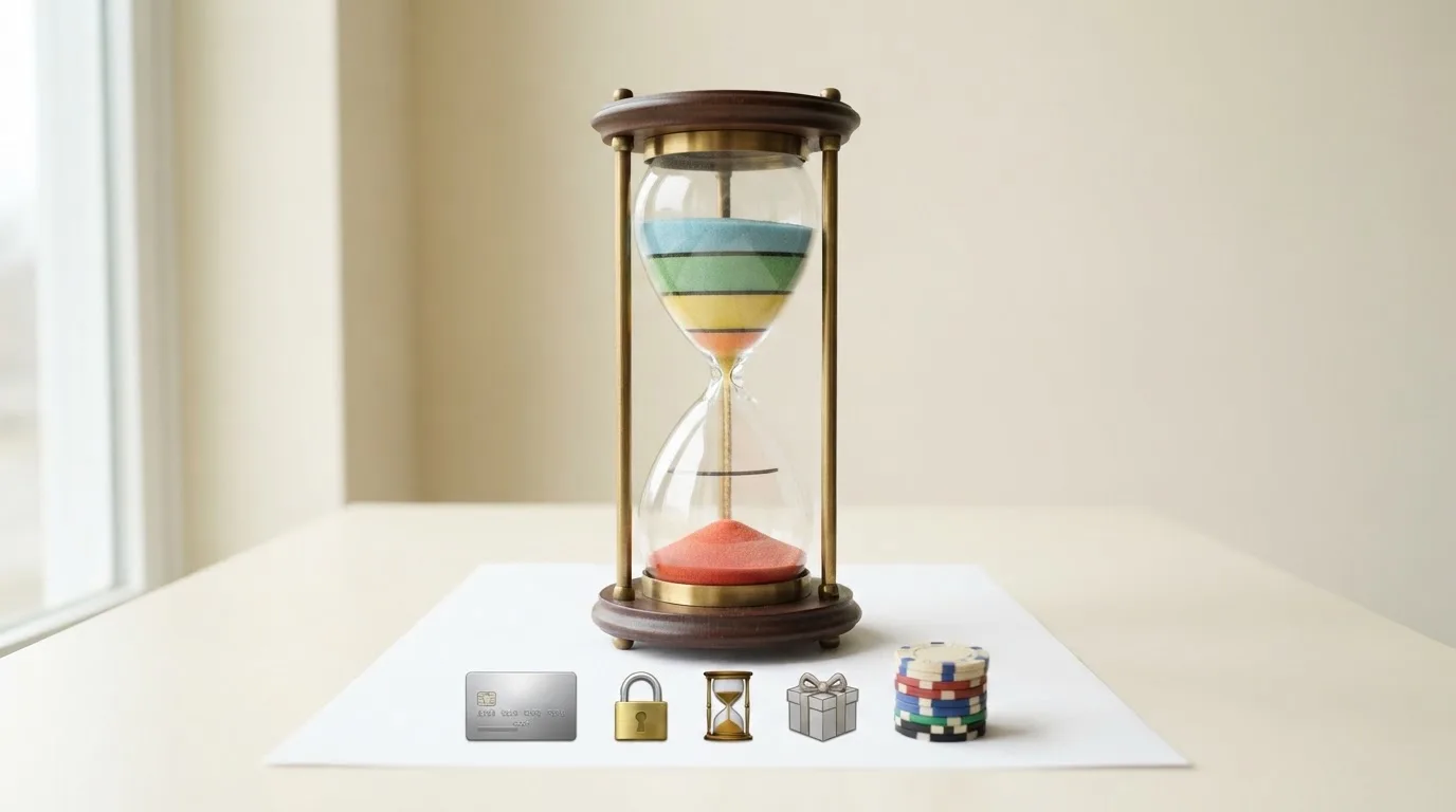Reloj de arena partido en cinco segmentos, cada uno con un icono: método de pago, candado (límites), reloj (primer retiro), lazo de regalo (bonos) y monedas (comisiones)