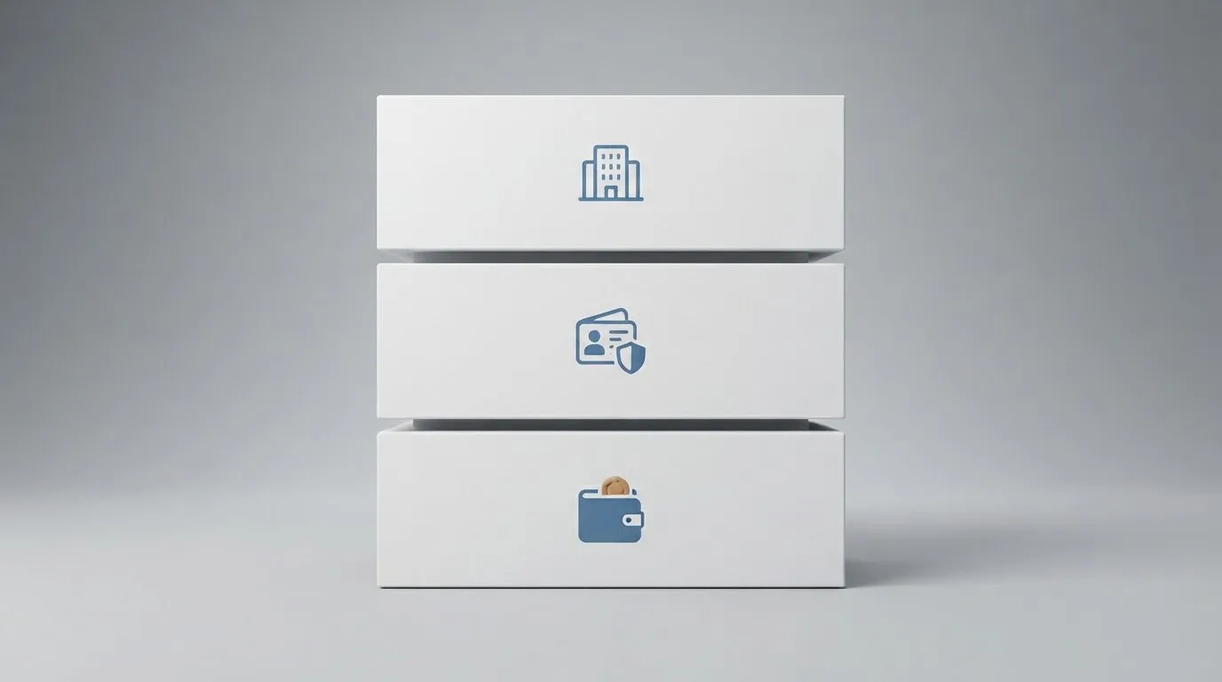 Diagrama visual con tres bloques consecutivos: icono de casino (aprobación), documento de identidad (verificación KYC) y monedero digital (liquidación del pago)
