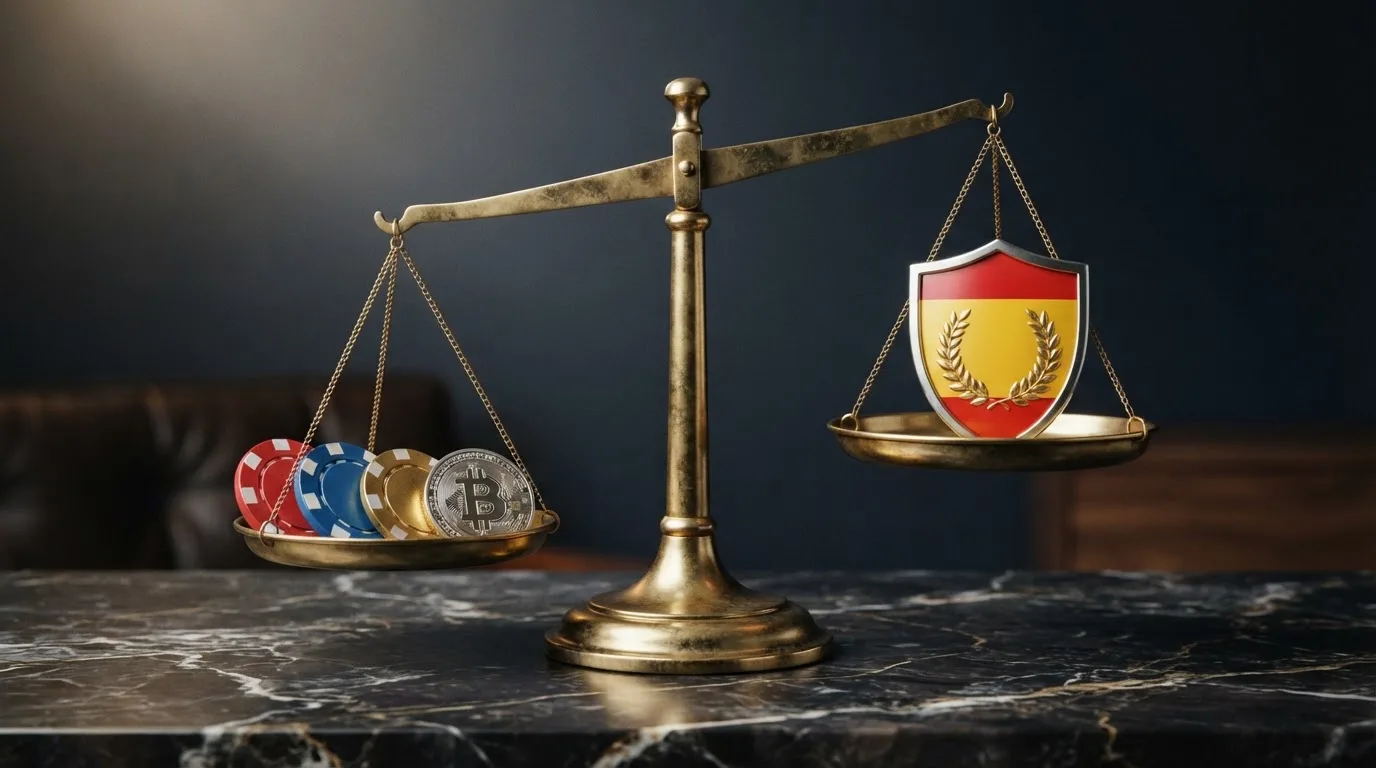 Una balanza con dos platillos: en el platillo izquierdo, fichas de casino, un billete de 50 € y el logo de Bitcoin; en el derecho, un escudo con la bandera de España y las siglas DGOJ — el platillo izquierdo pesa más pero el escudo está ausente de él