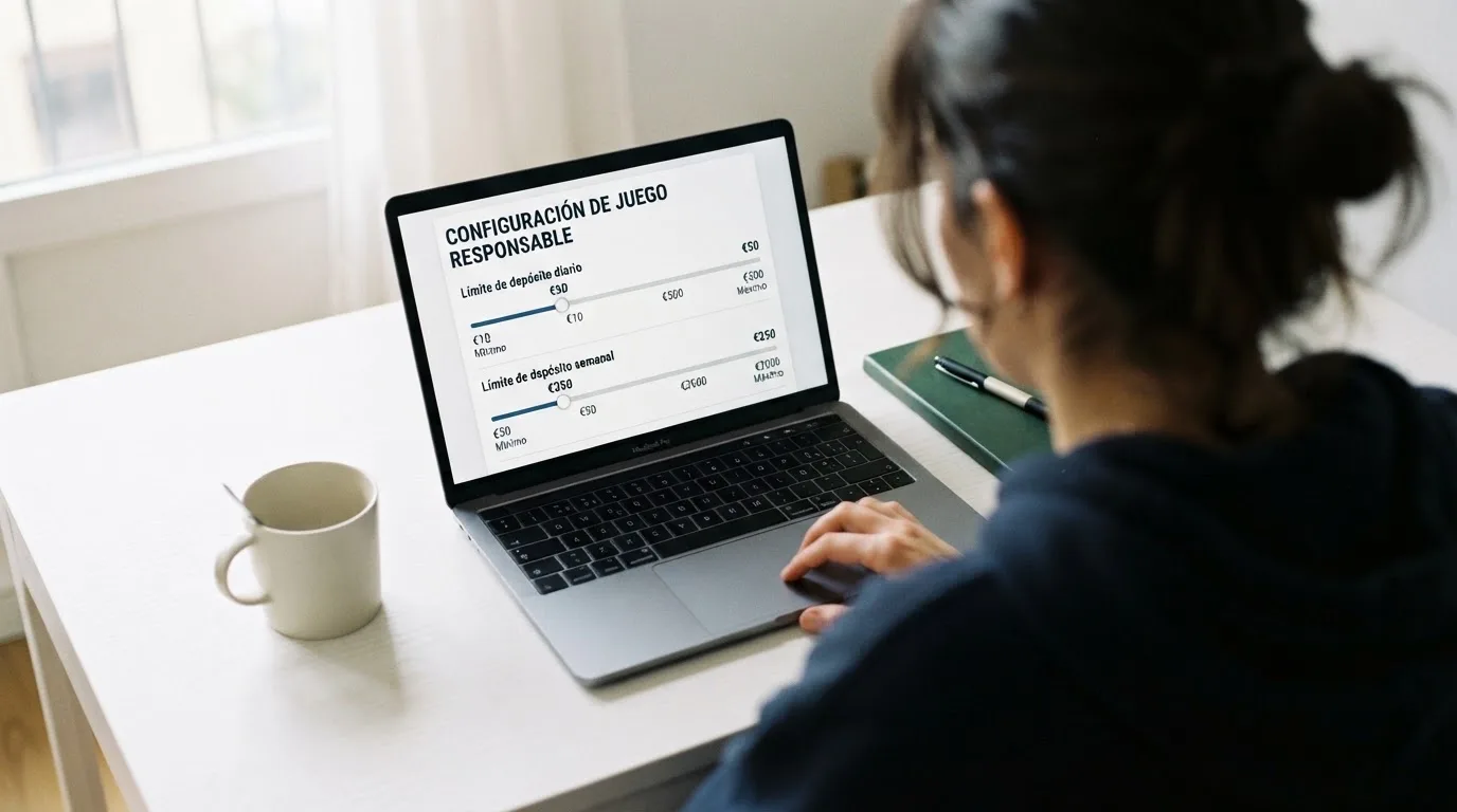 Persona consultando herramientas de límites de depósito y autoexclusión en la pantalla de un ordenador portátil