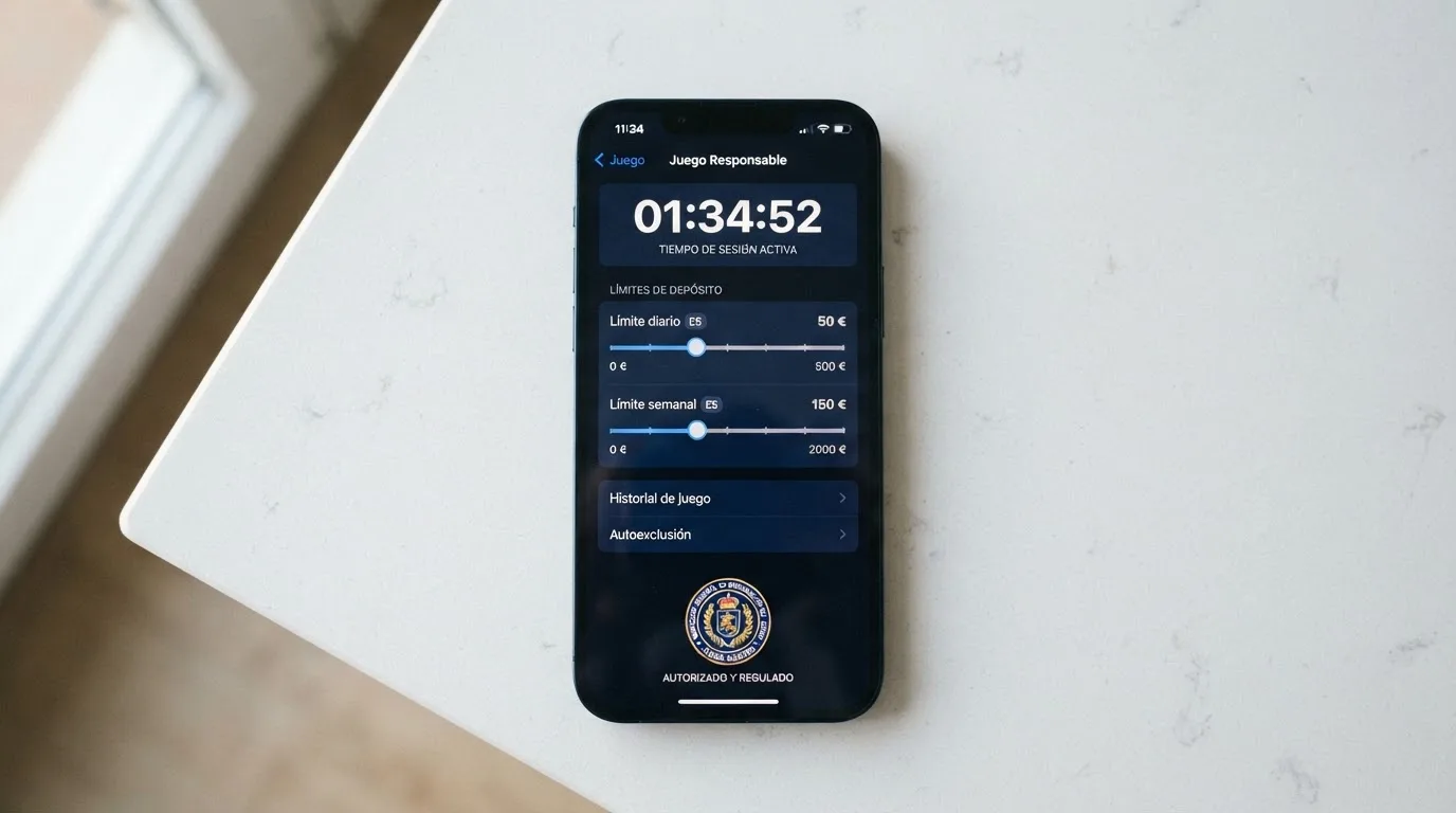 Primer plano de la pantalla de un móvil mostrando la sección de juego responsable de una app de casino española, con el reloj de sesión, los selectores de límite de depósito y el sello de la DGOJ
