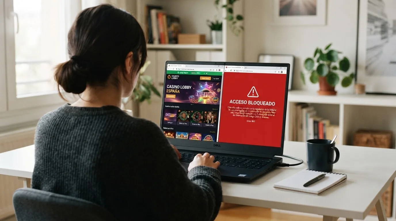 Pantalla dividida: a la izquierda, la web de ordenacionjuego.es con el sello de la DGOJ y el texto «operadores autorizados»; a la derecha, un mensaje de error «acceso bloqueado» en un sitio sin dominio .es