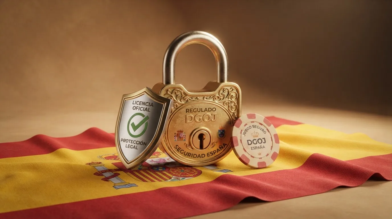 Sello oficial de la Dirección General de Ordenación del Juego y candado de seguridad sobre la bandera de España