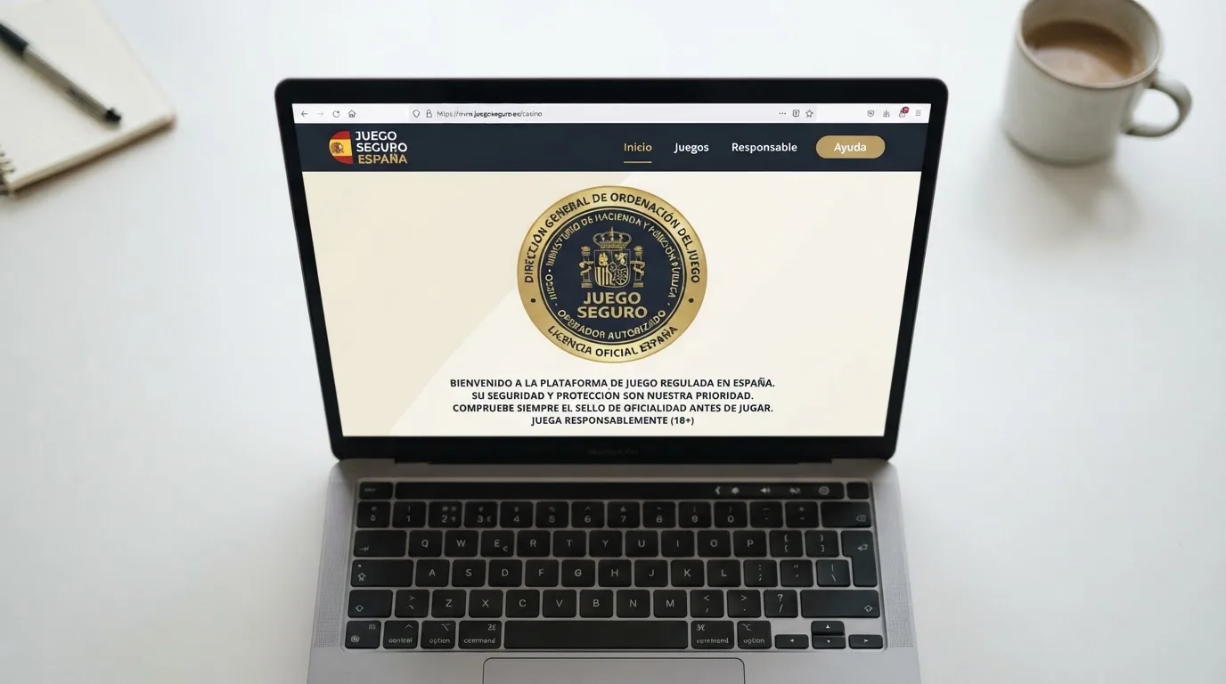Sello oficial de la Dirección General de Ordenación del Juego sobre la pantalla de inicio de un casino online con dominio .es
