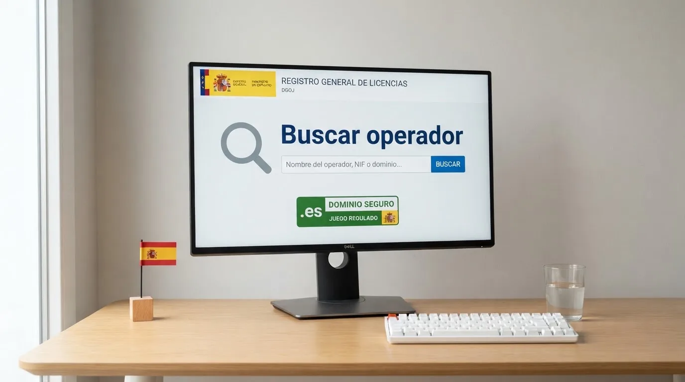 Pantalla de ordenador mostrando la web sede.ordenacionjuego.gob.es con el campo de búsqueda de licencias, junto al icono del dominio .es