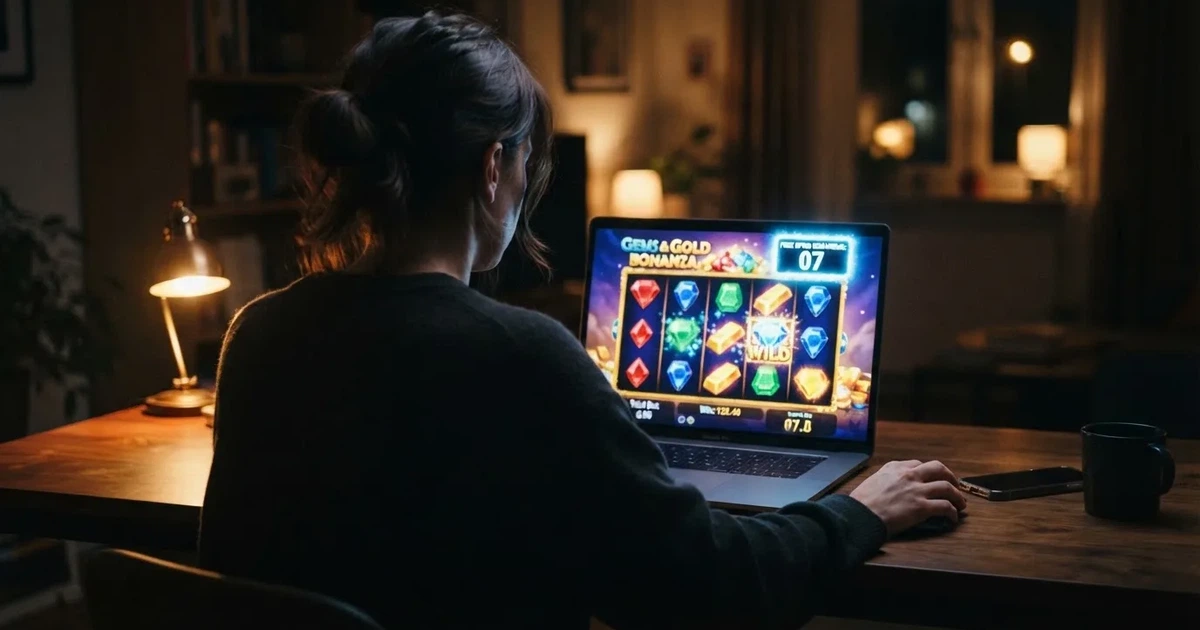 Un jugador frente a la pantalla de un casino online con el contador de giros gratis activo en una tragaperras