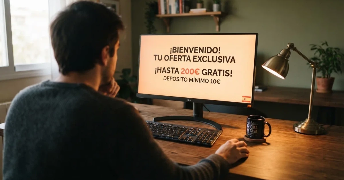Jugador consultando una tabla comparativa de casinos con bono sin depósito en la pantalla de un ordenador, con el logo de la DGOJ visible en segundo plano