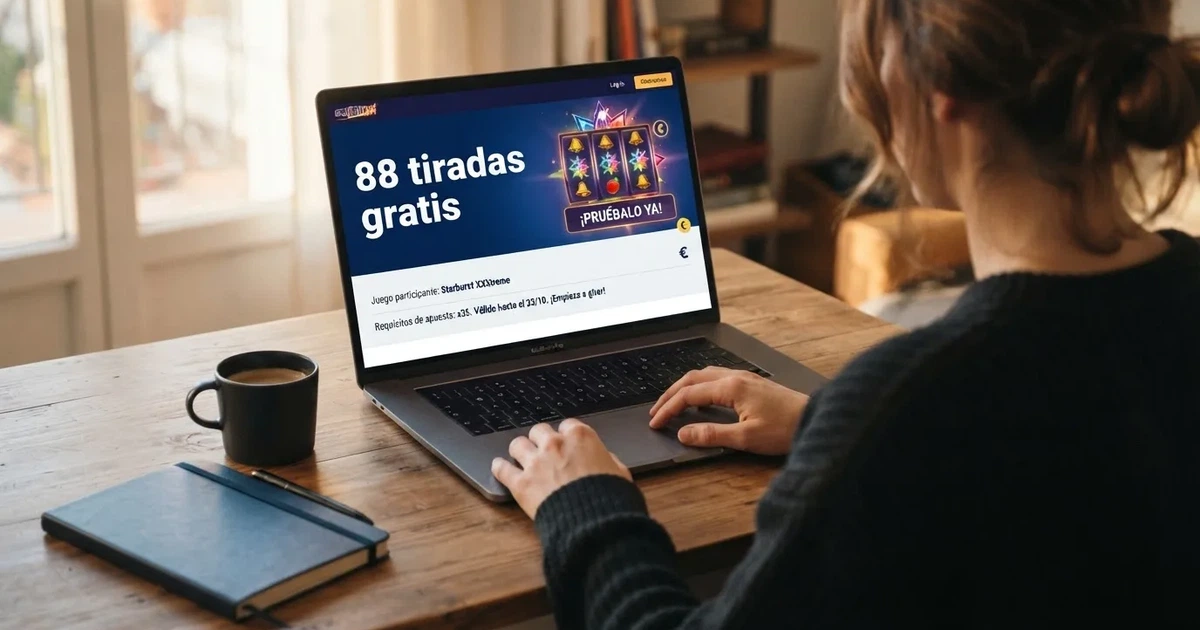 Pantalla de un casino online español mostrando una promoción de tiradas gratis sin depósito con el número de giros, la tragaperras asignada y las condiciones de la oferta