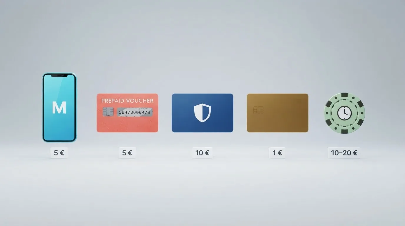 Pantalla dividida con los logos de Bizum, PayPal, Paysafecard, Visa y transferencia bancaria, cada uno con su importe mínimo de depósito en euros debajo.