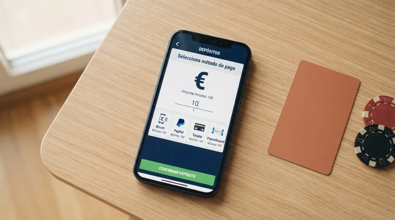 Iconos de los principales métodos de pago aceptados en casinos españoles — Bizum, PayPal, Visa, Paysafecard — con su depósito mínimo al lado