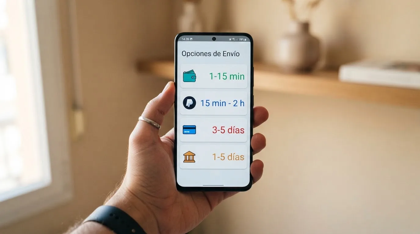 Pantalla de móvil mostrando cuatro métodos de pago (Bizum, PayPal, tarjeta, transferencia) con tiempos de retirada debajo de cada icono