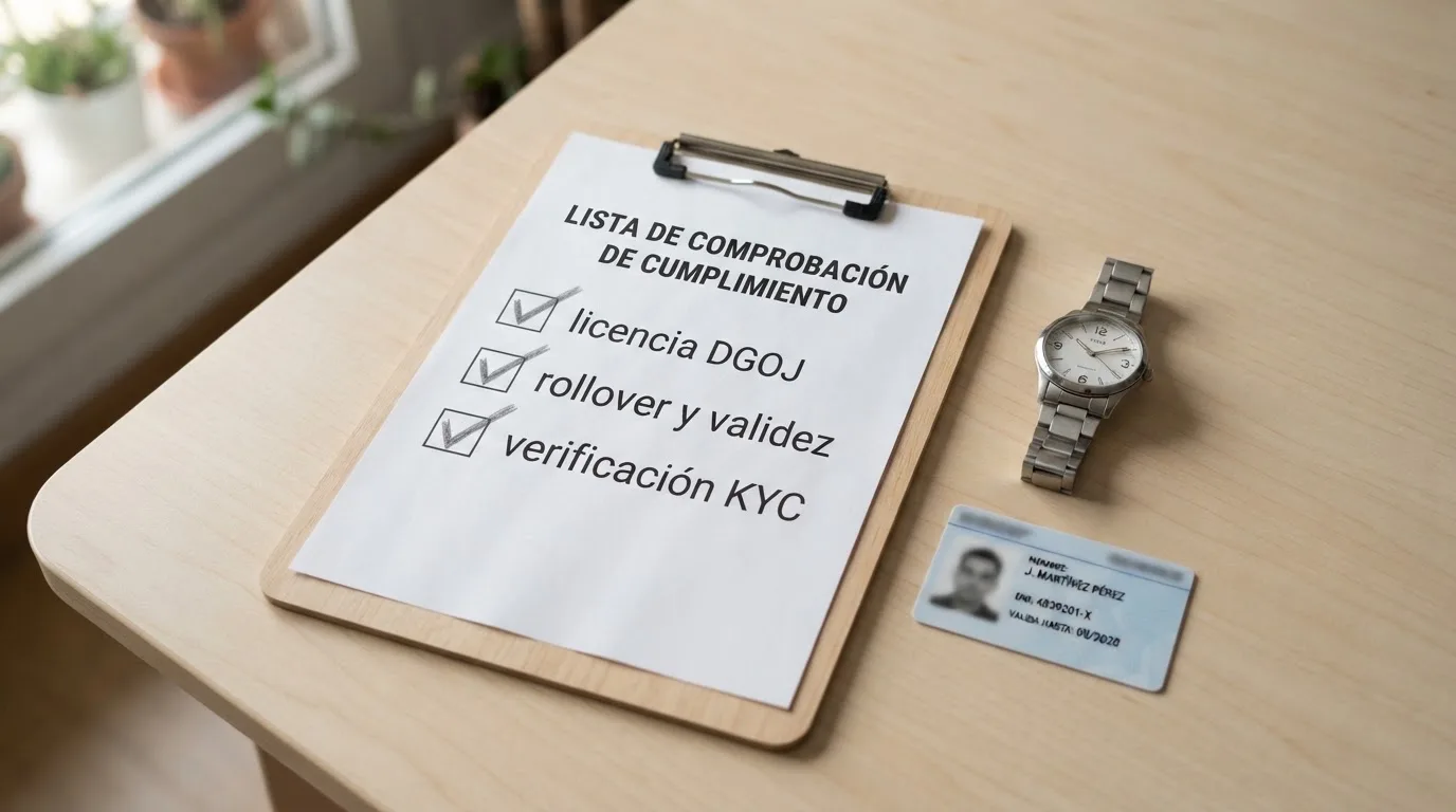 Lista de verificación con tres casillas — licencia DGOJ, rollover y validez, verificación KYC — junto a un reloj y un DNI sobre una mesa