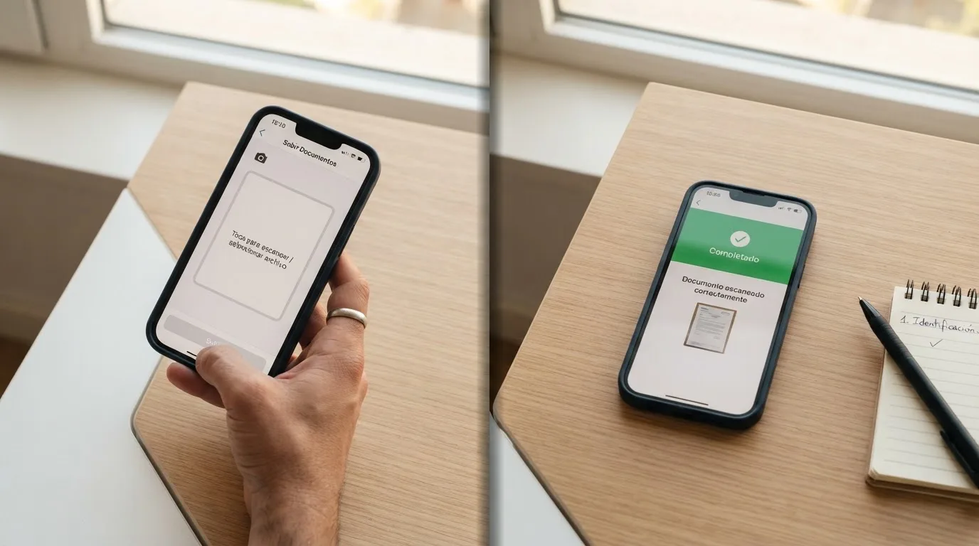 Pantalla partida: a la izquierda, un usuario subiendo un documento de identidad; a la derecha, el mismo usuario recibiendo una notificación de retiro completado