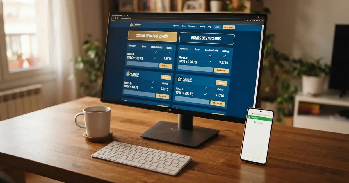Escritorio con pantalla mostrando una comparativa de bonos de casino online, junto a un móvil con el logo de la DGOJ y el dominio .es visible