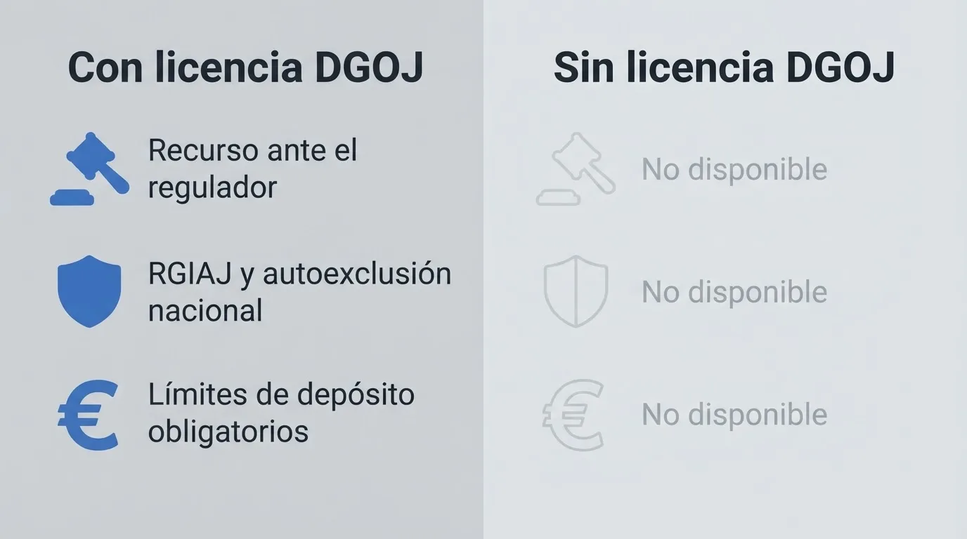 Diagrama de dos columnas que contrasta las protecciones del jugador dentro del circuito DGOJ y fuera de él