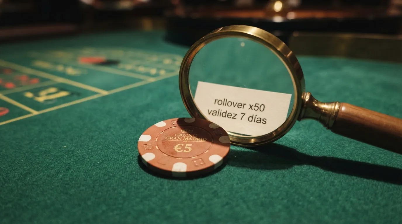 Primer plano de una ficha de casino sobre una mesa de ruleta verde, con una lupa que amplía la letra pequeña de los términos del bono donde se lee «rollover x50» y «validez 7 días»